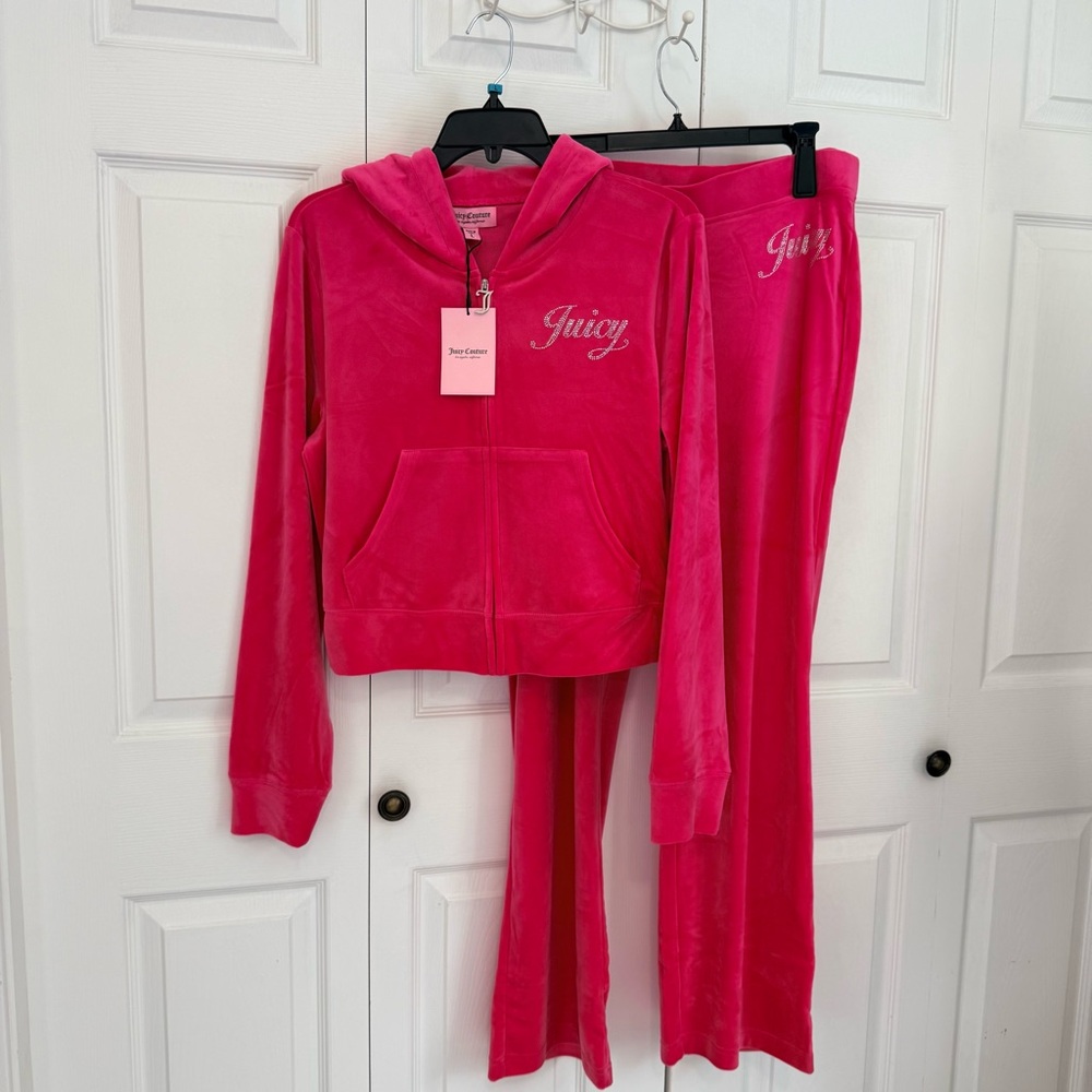 NWT Juicy Couture‎ PINK PARTY Velour Tracksuit set Rhinestone logo size Large